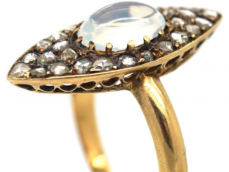 Edwardian 18ct Gold Marquise Shaped Diamond & Moonstone Ring