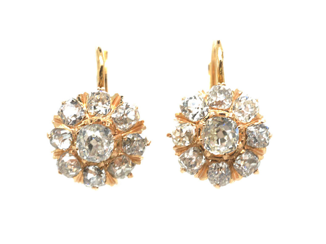 Victorian 18ct Gold Old Mine Cut Diamond Cluster Earrings