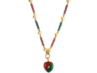 Edwardian 15ct Gold, Green & Red Enamel Heart Locket set with a Diamond on matching 15ct Gold Green & Red Enamel Chain
