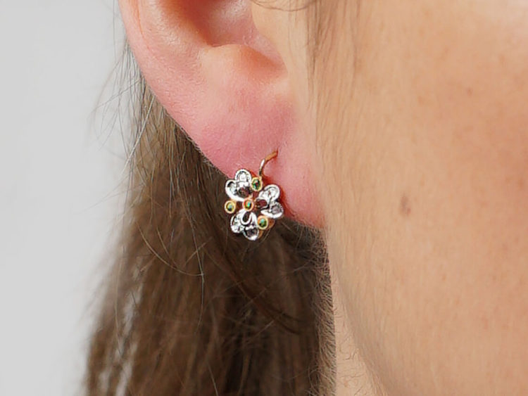 French 18ct Gold Emerald & Diamond Trefoil Earrings