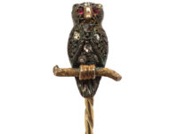 Edwardian Owl Tie Pin set with Rose Diamonds & Cabochon Rubies