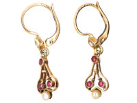 Art Nouveau Ruby, Natural Pearl & Rose Diamond Small Drop Earrings