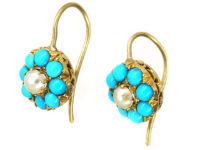 Edwardian 18ct Gold, Natural Split Pearl & Turquoise Cluster Earrings