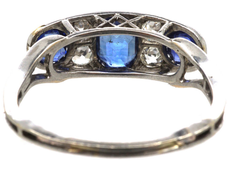French Art Deco Platinum, Three Stone Sapphire & Diamond Ring