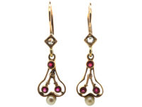 Art Nouveau Ruby, Natural Pearl & Rose Diamond Small Drop Earrings