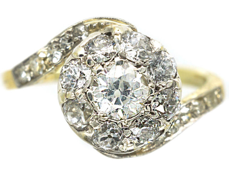 Edwardian 14ct Gold & Diamond Cluster Ring with Scroll Shoulders