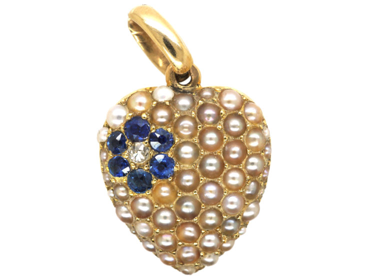 Edwardian 15ct Gold, Natural Split Pearl, Sapphire & Diamond Heart Shaped Pendant