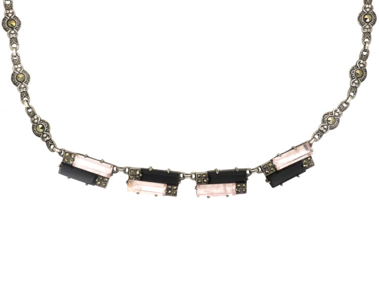 Art Deco Silver, Onyx & Rose Quartz Necklace