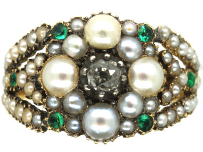 Georgian 15ct Gold, Natural Split Pearl, Diamond & Emerald Cluster Ring