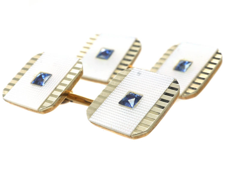 Art Deco 9ct & 18ct Gold Cufflinks set with Mother of Pearl & Sapphires