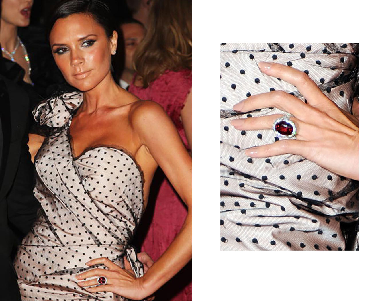 Victoria Beckham, 2009 in New York City, wearing one of her 14 engagement rings 