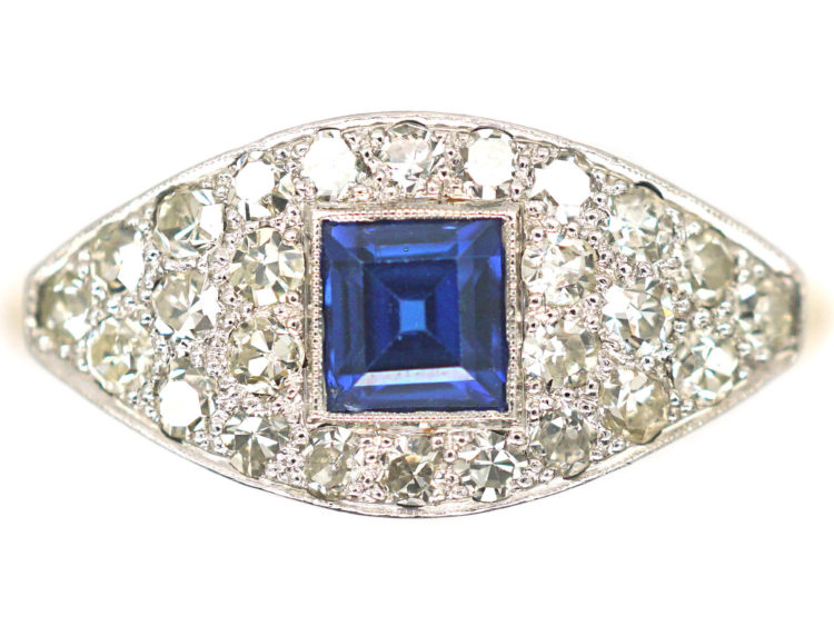 Art Deco 18ct Gold & Platinum Square Cut Sapphire & Diamond Boat Shaped Ring