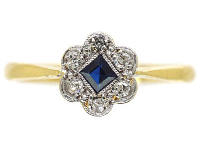 Art Deco 18ct Gold & Platinum, Sapphire & Diamond Cluster Ring