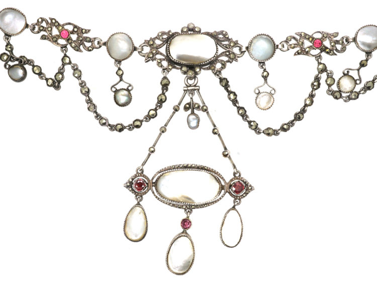 Edwardian Silver, Marcasite, Garnet & Blister Pearl Necklace