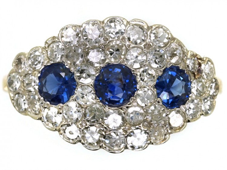 18ct Gold & Platinum Three Stone Sapphire & Diamond Cluster Ring