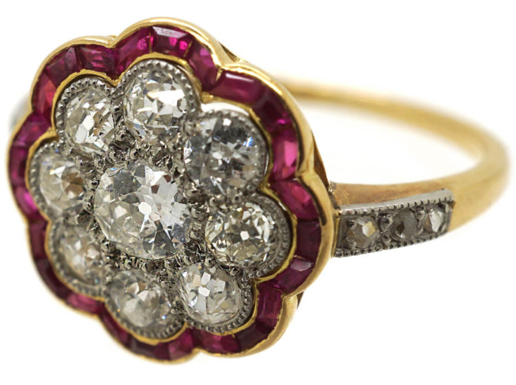 Art Deco 18ct Gold & Platinum, Diamond & Ruby Cluster Ring