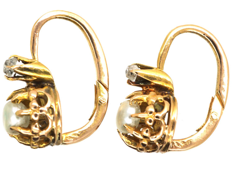 French 18ct Gold, Natural Pearl & Rose Diamond Small Earrings