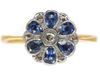 Art Deco 18ct Gold & Platinum, Sapphire & Diamond Cluster Ring