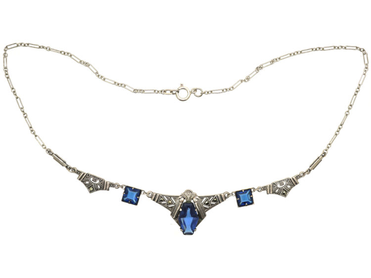 Art Deco Silver, Marcasite & Blue Paste Necklace