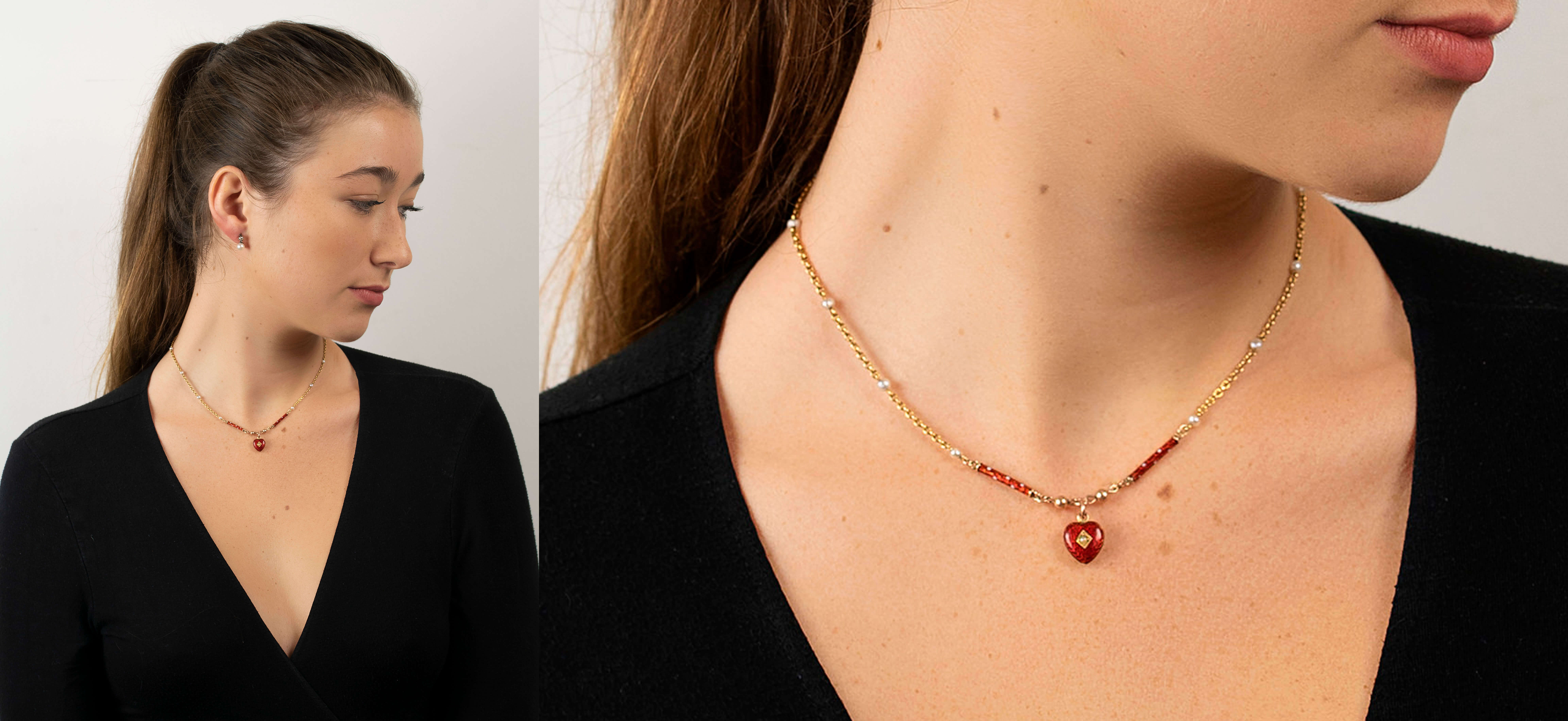 Edwardian 9ct Gold & Strawberry Red & White Enamel Heart Necklace