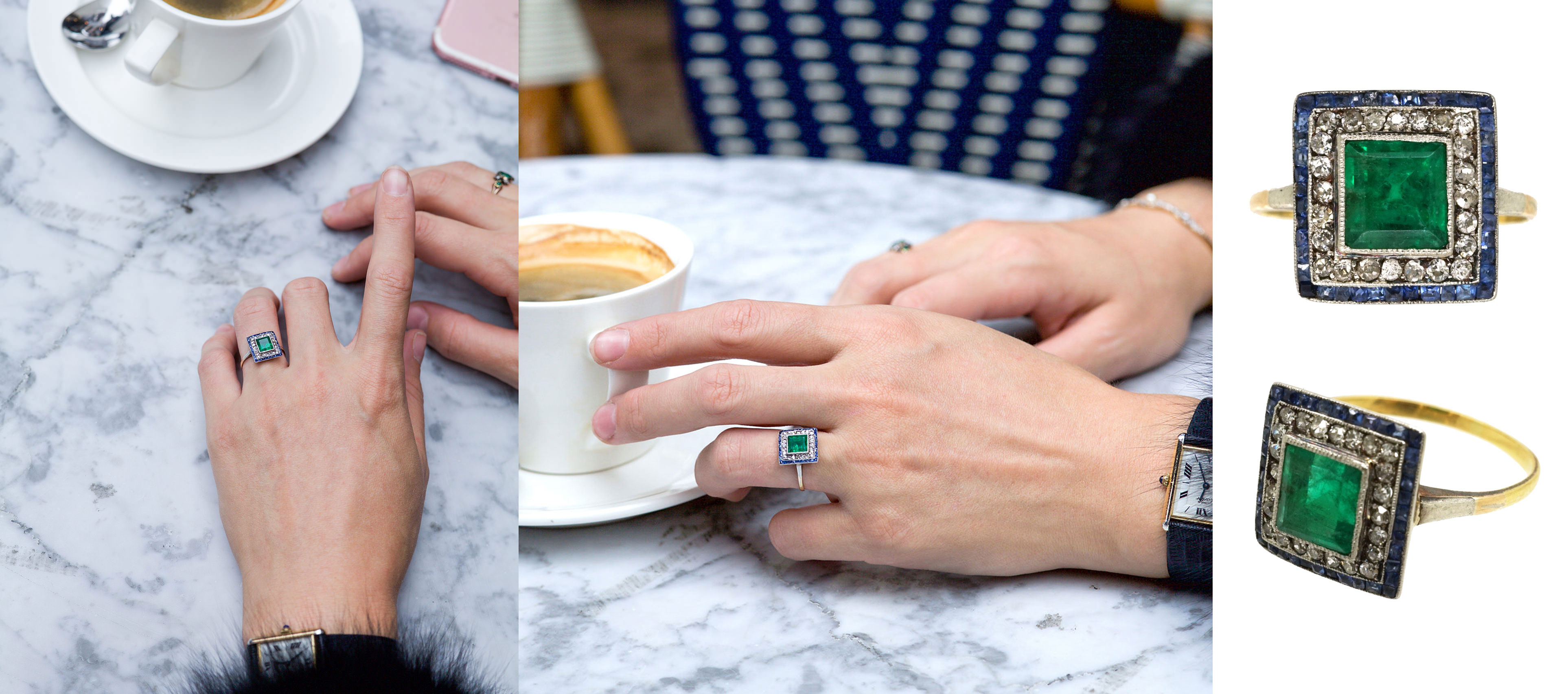 Art Deco Sapphire, Emerald & Diamond Square Ring