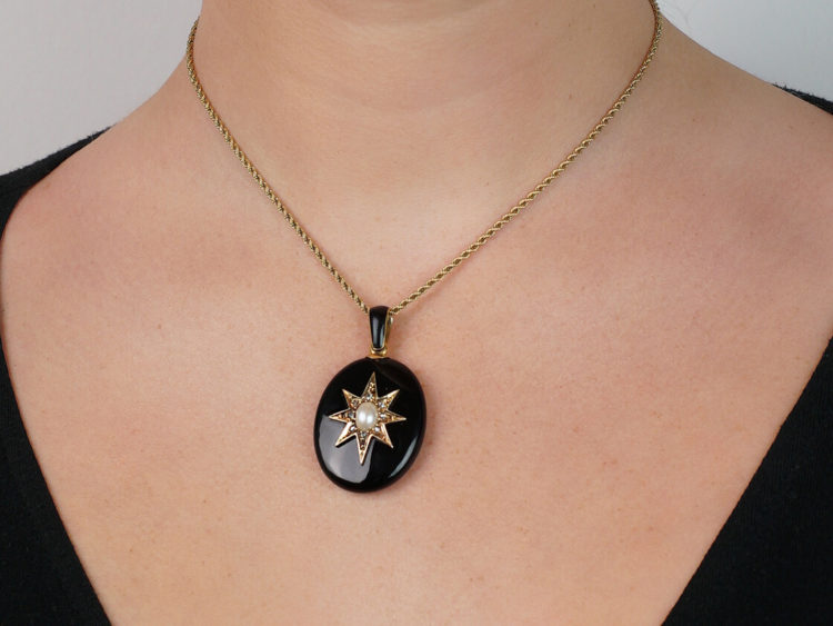 Victorian 18ct Gold, Onyx, Natural Pearl & Rose Diamond Oval Pendant with Locket Back