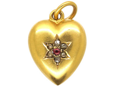 Edwardian 15ct Gold Heart Pendant set with a Ruby & Rose Diamonds