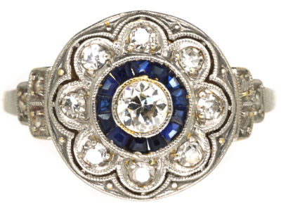 Art Deco Platinum & 18ct Gold, Sapphire & Diamond Cluster Ring