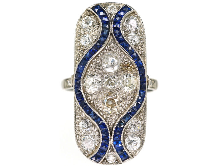 Art Deco 18ct White Gold & Platinum, Large Sapphire & Diamond Plaque Ring