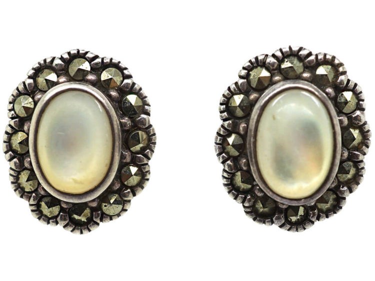 Silver, Marcasite & Mother of Pearl Oval Cluster Earrings