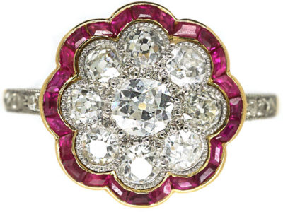 Art Deco 18ct Gold & Platinum, Diamond & Ruby Cluster Ring