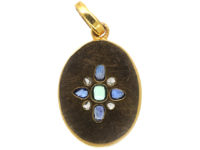 Edwardian 18ct Gold Oval Pendant set with an Emerald, Rose Diamonds & Sapphires