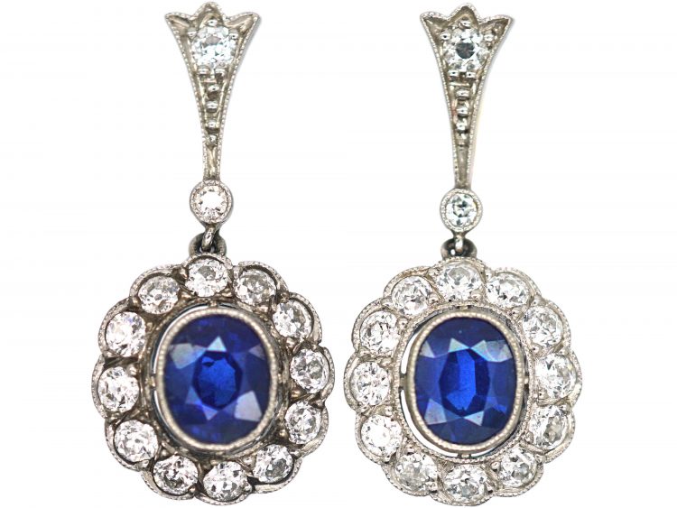 Edwardian Platinum & 18ct Gold , Sapphire & Diamond Oval Cluster Drop Earrings