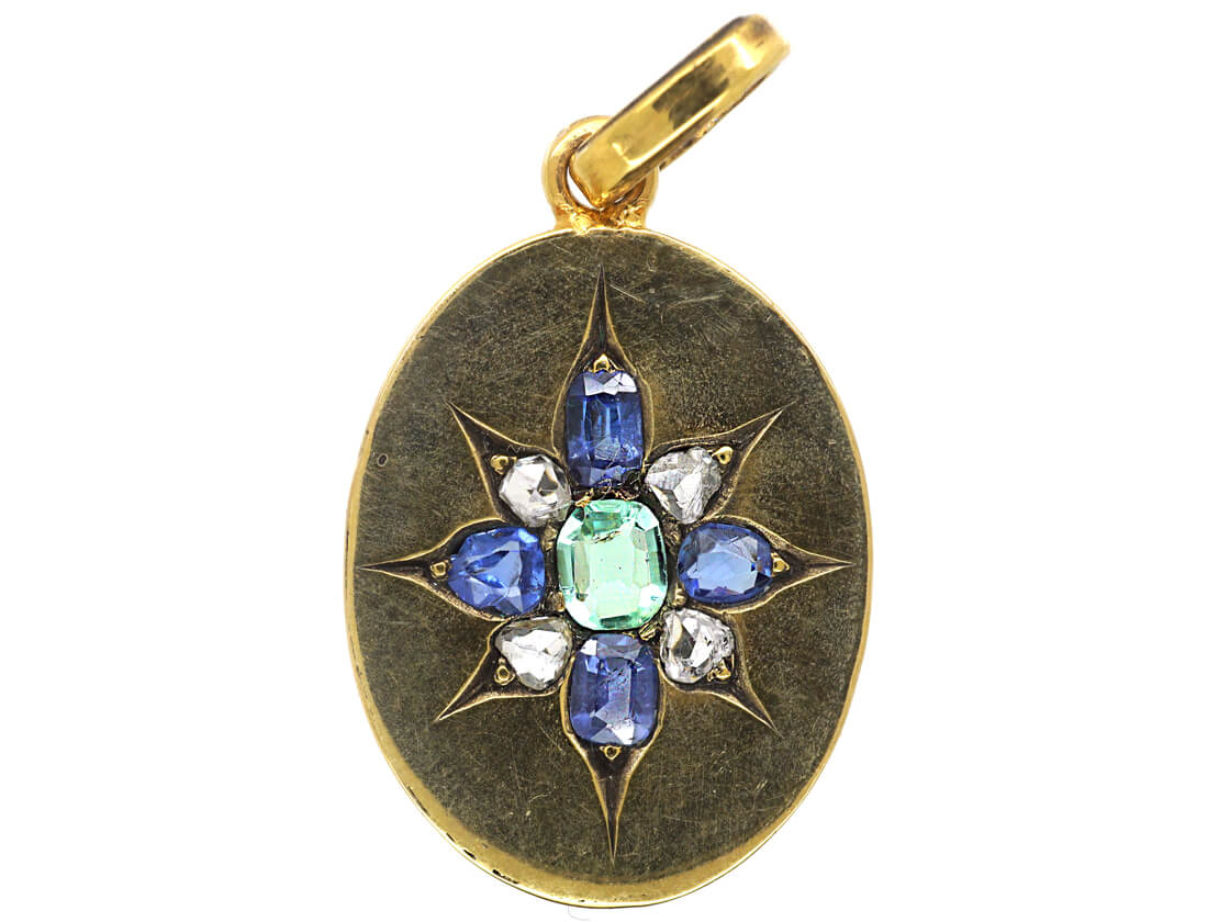 Edwardian 18ct Gold Oval Pendant set with an Emerald, Rose Diamonds ...