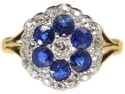 Edwardian 18ct Gold, Diamond & Sapphire Hexagonal Cluster Ring