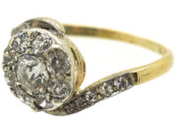 Edwardian 14ct Gold & Diamond Cluster Ring with Scroll Shoulders