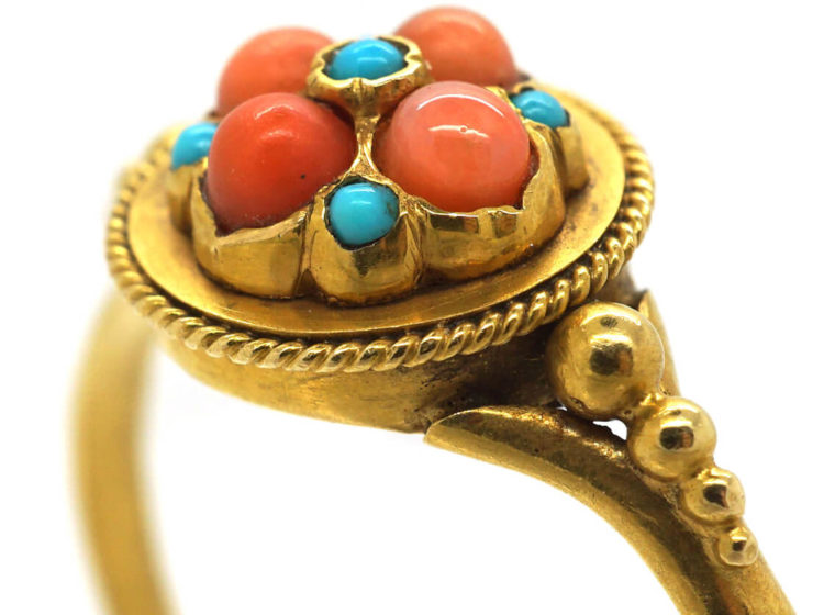 Regency 18ct Gold, Coral & Turquoise Cluster Ring