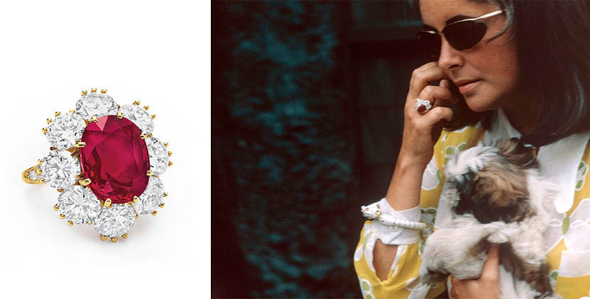 Elizabeth Taylor wearing her ruby and diamond Van Cleef & Arpels ring
