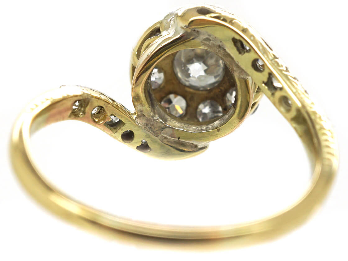 Edwardian 14ct Gold & Diamond Cluster Ring with Scroll Shoulders (764M ...
