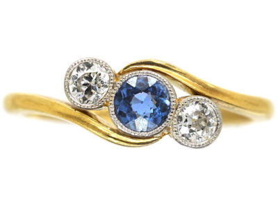 Edwardian 18ct Gold & Platinum, Sapphire & Diamond Crossover Ring