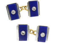 Art Deco 18ct Gold & Platinum, Lapis & Diamond Rectangular Cufflinks