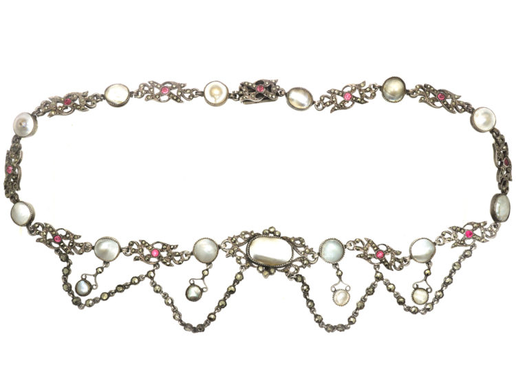 Edwardian Silver, Marcasite, Garnet & Blister Pearl Necklace