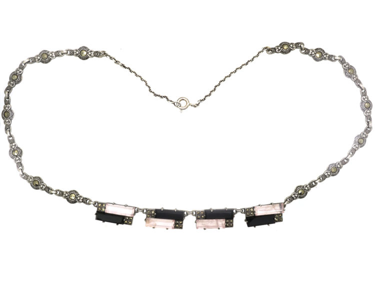Art Deco Silver, Onyx & Rose Quartz Necklace