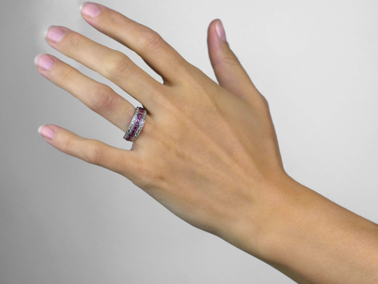 Art Deco 18ct White Gold Ruby, Diamond & Sapphire Flipover Ring