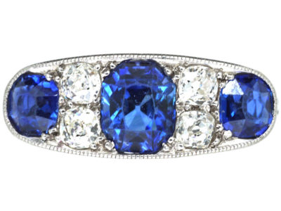 French Art Deco Platinum, Three Stone Sapphire & Diamond Ring