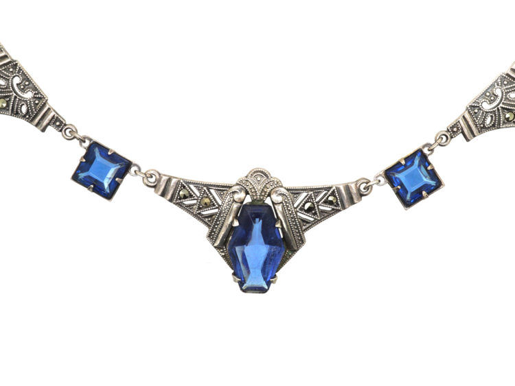 Art Deco Silver, Marcasite & Blue Paste Necklace