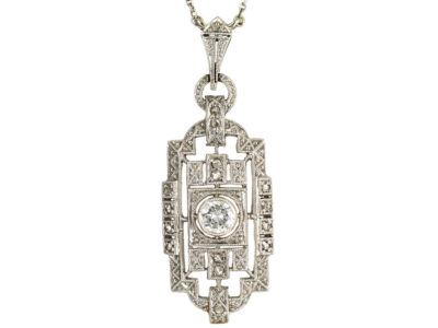 Art Deco 14ct White Gold & Diamond Pendant on 14ct White Gold Chain