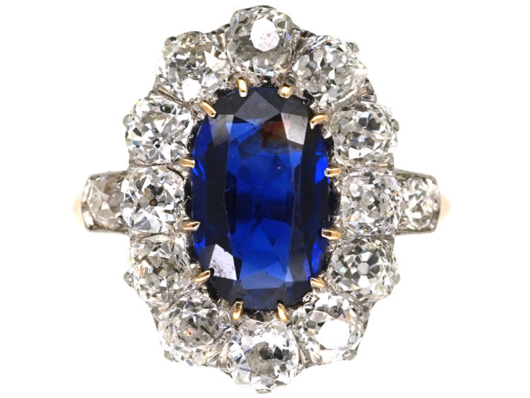 French 18ct Gold Large Sapphire & Diamond Oval Cluster Ring