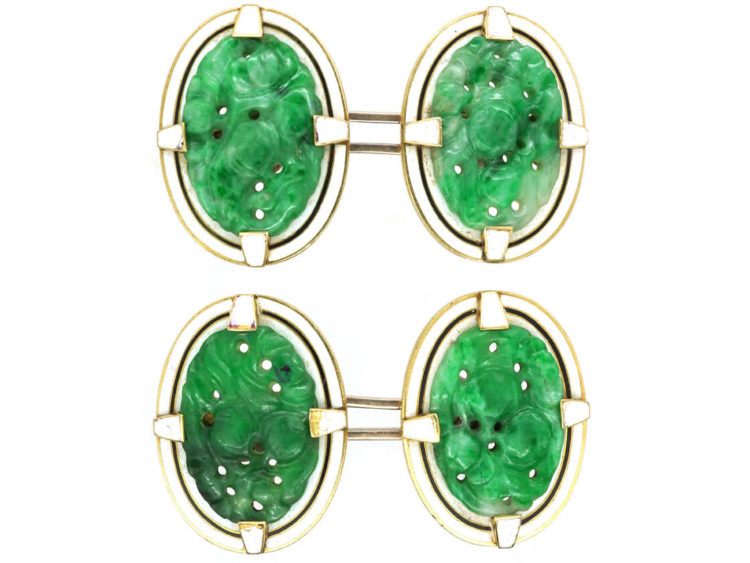 Art Deco 18ct Gold, Jade & White Enamel Oval Cufflinks