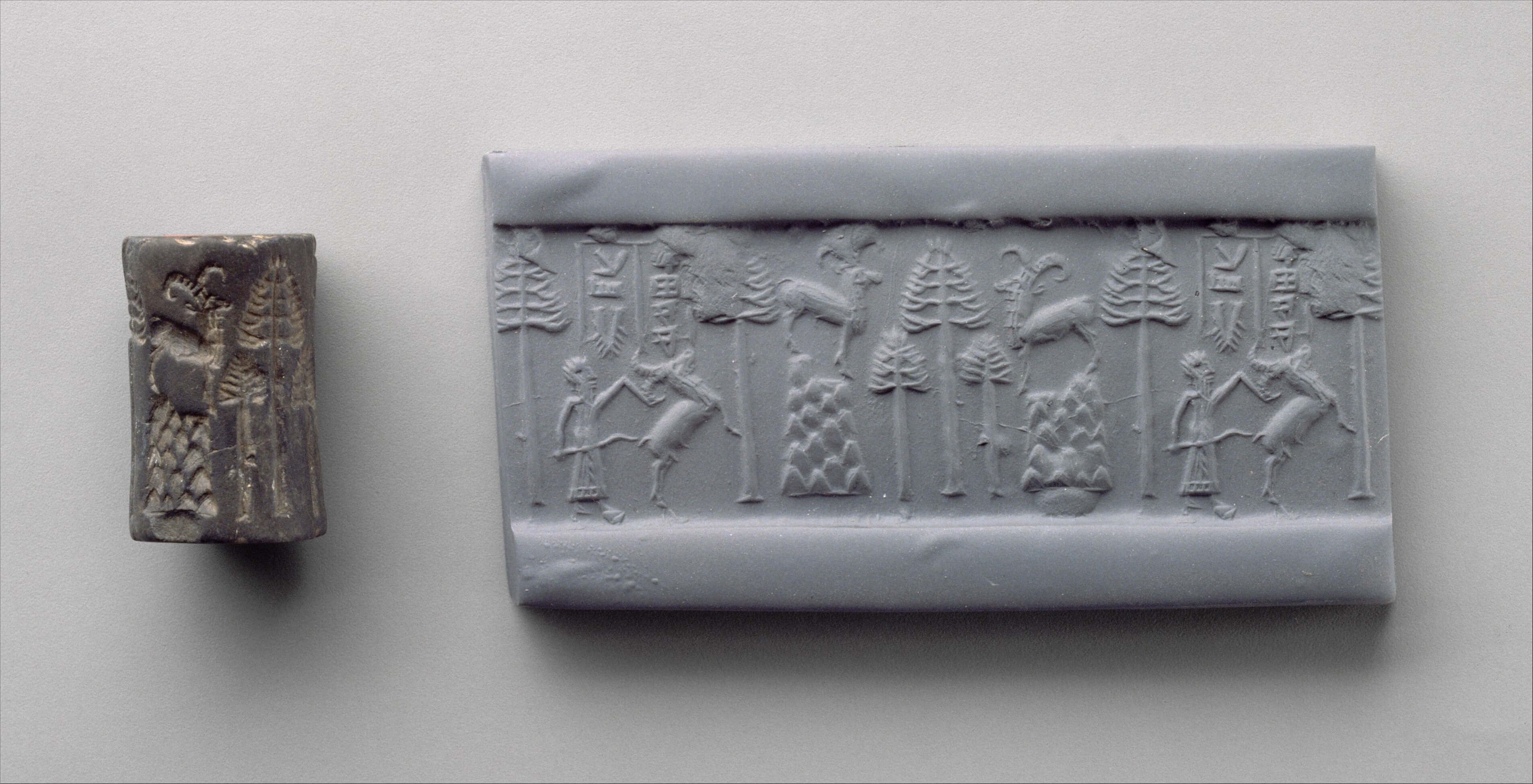 A Mesopotamian cylinder seal with a modern impression depicting hunting scene, circa 2250–2150 B.C